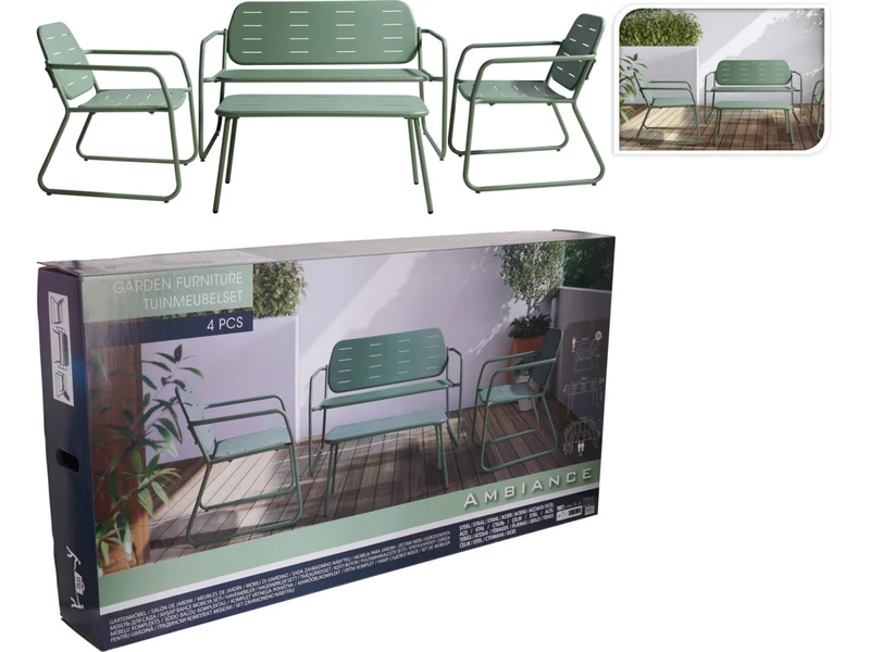 Set Giardino 4 Pezzi con 2 Sedie 1 Panchina e 1 Tavolino Verde Opaco