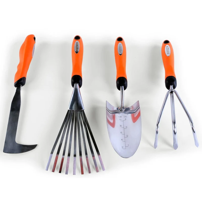 Set de 4 outils de jardin à main premium - grattoir joint, griffe 3 dents, râteau et pelle à main