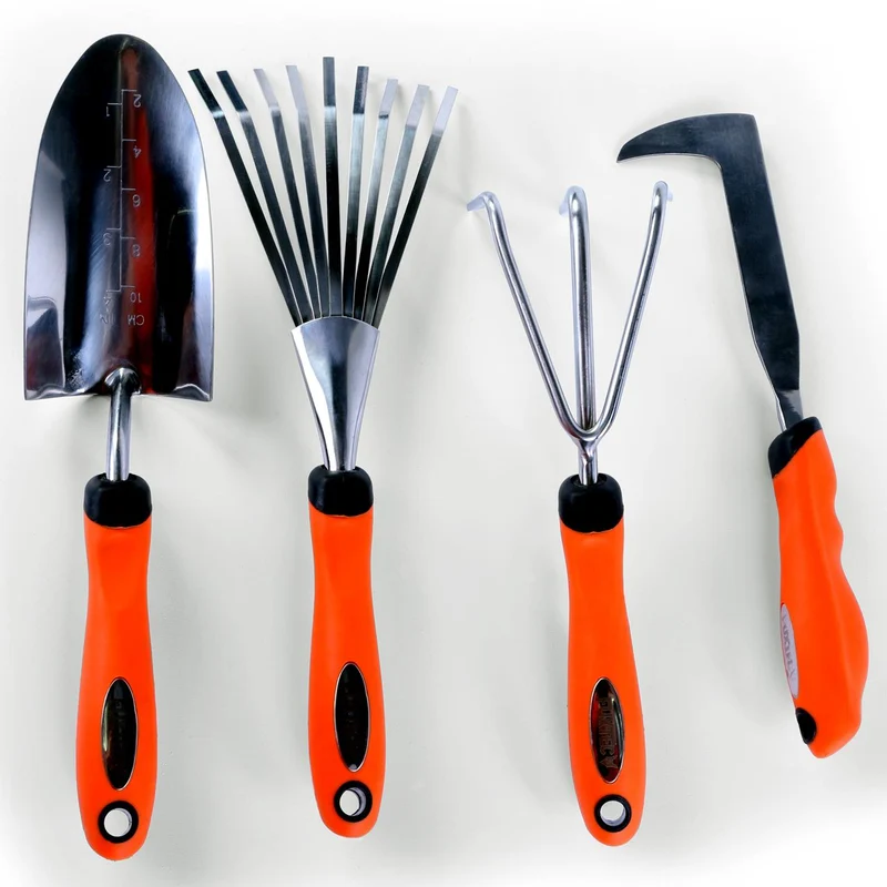 Set de 4 outils de jardin à main premium - grattoir joint, griffe 3 dents, râteau et pelle à main
