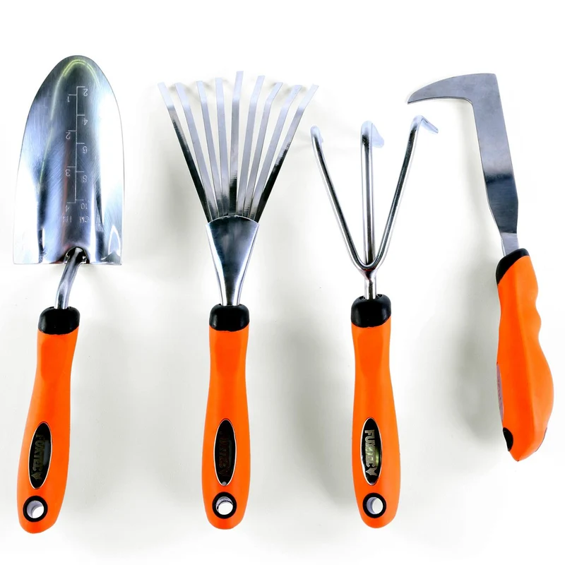 Set de 4 outils de jardin à main premium - grattoir joint, griffe 3 dents, râteau et pelle à main