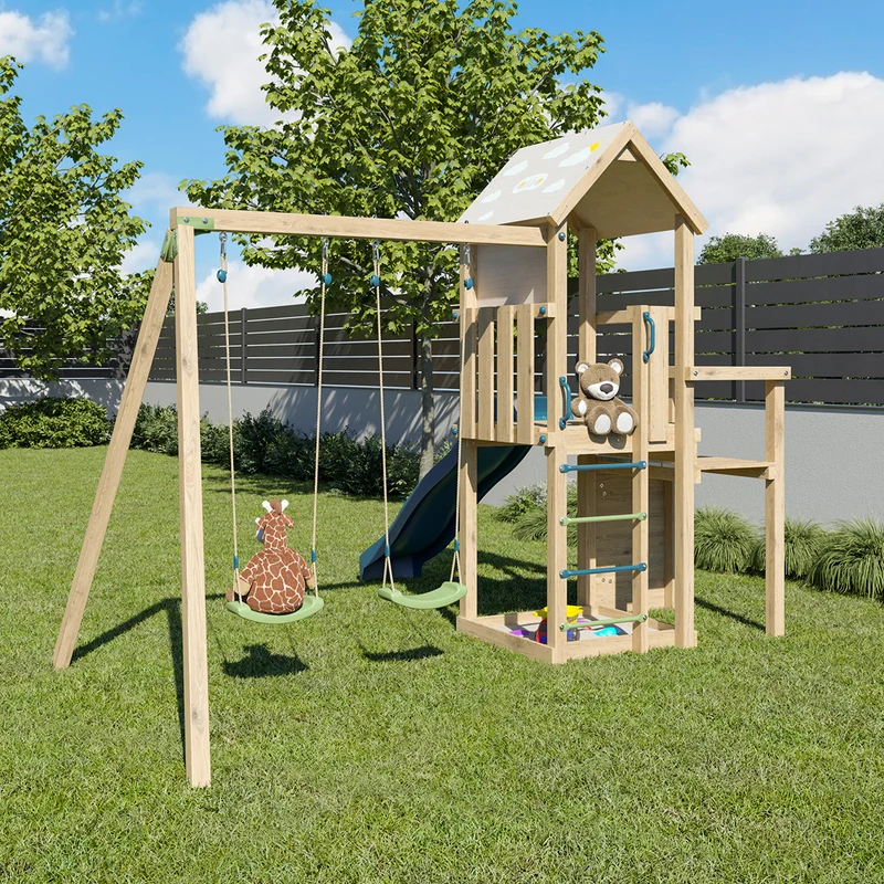 Aire de jeux ULTRA XPERIENCE 2 bois avec 2 balançoires, mur de grimpe, toboggan et bac à sable 8 enfants