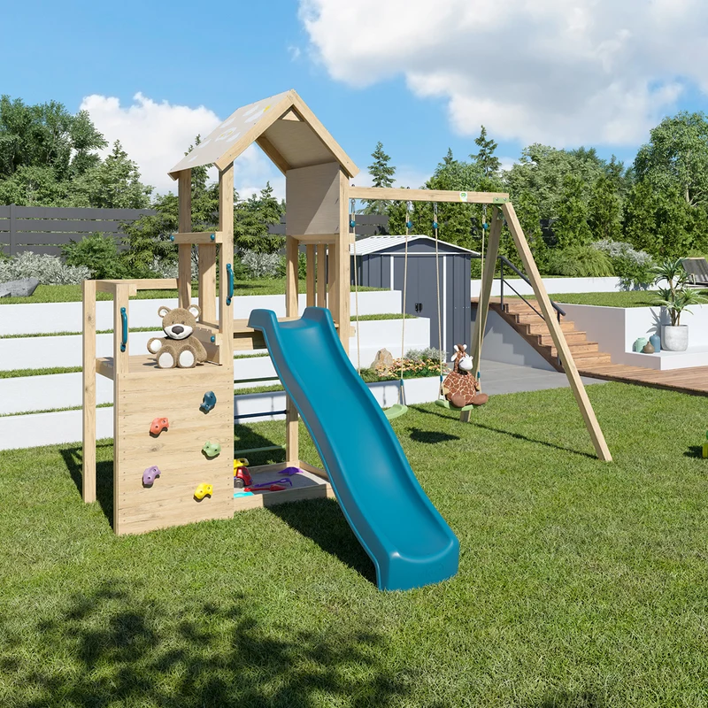 Aire de jeux ULTRA XPERIENCE 2 bois avec 2 balançoires, mur de grimpe, toboggan et bac à sable 8 enfants