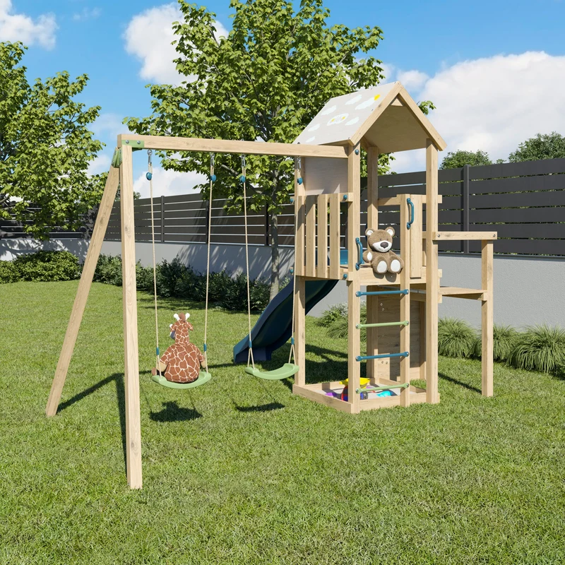 Aire de jeux ULTRA XPERIENCE 2 bois avec 2 balançoires, mur de grimpe, toboggan et bac à sable 8 enfants