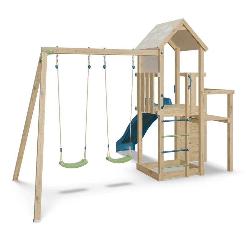 Aire de jeux ULTRA XPERIENCE 2 bois avec 2 balançoires, mur de grimpe, toboggan et bac à sable 8 enfants