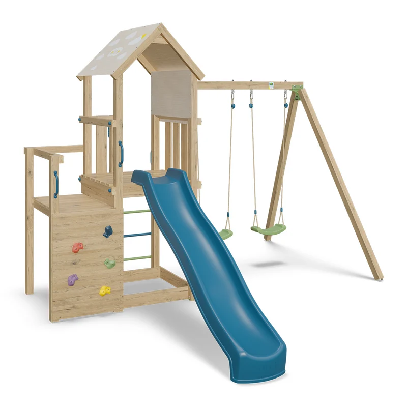 Aire de jeux ULTRA XPERIENCE 2 bois avec 2 balançoires, mur de grimpe, toboggan et bac à sable 8 enfants
