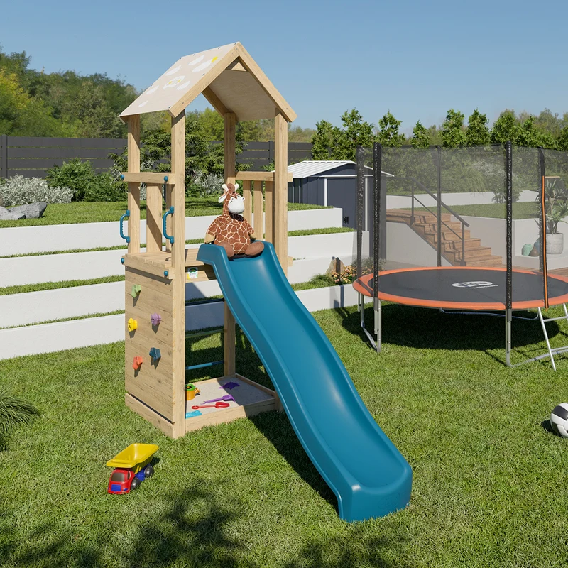 Aire de jeux SUNNY XPERIENCE 2 bois avec mur de grimpe, toboggan et bac à sable 5 enfants