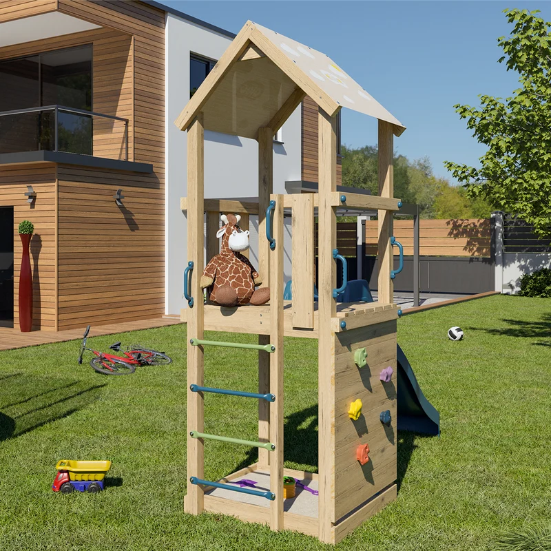 Aire de jeux SUNNY XPERIENCE 2 bois avec mur de grimpe, toboggan et bac à sable 5 enfants