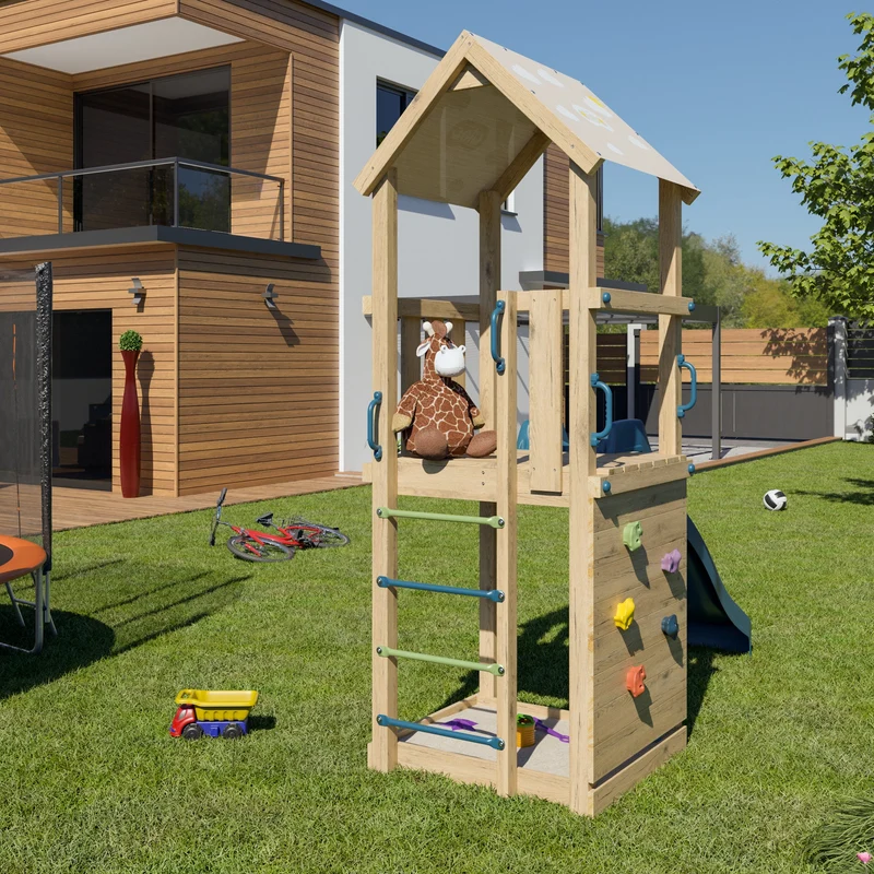 Aire de jeux SUNNY XPERIENCE 2 bois avec mur de grimpe, toboggan et bac à sable 5 enfants