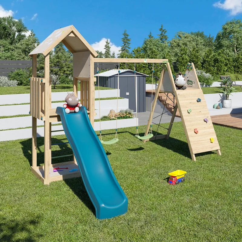 Aire de jeux OLYMPIA 2 bois avec mur d’escalade, 2 balançoires, toboggan et bac à sable 9 enfants