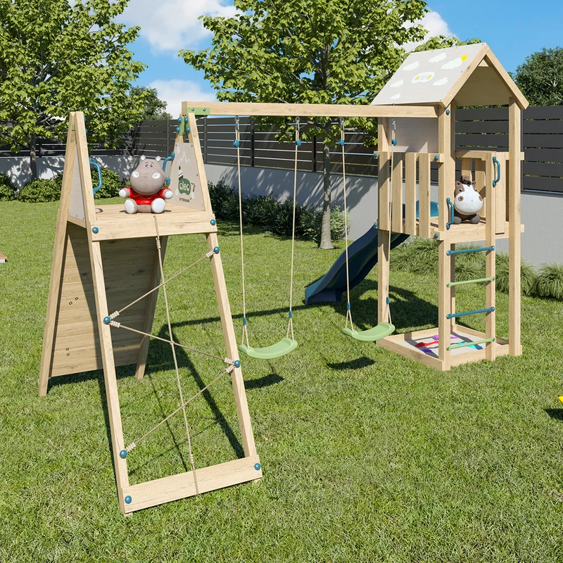 Aire de jeux OLYMPIA 2 bois avec mur d’escalade, 2 balançoires, toboggan et bac à sable 9 enfants