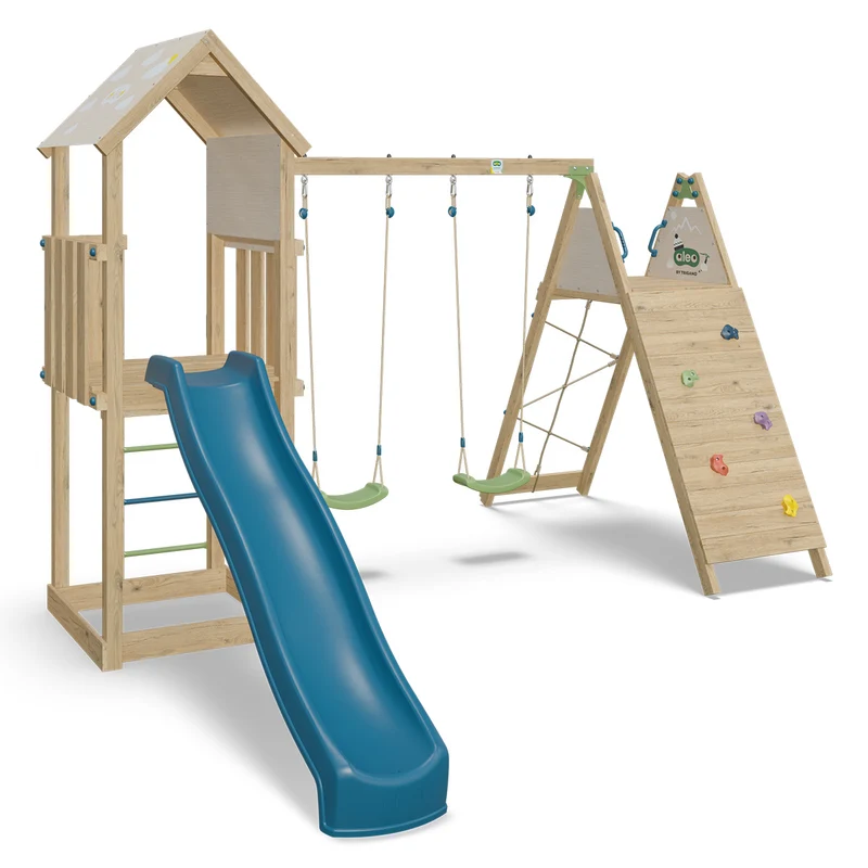 Aire de jeux OLYMPIA 2 bois avec mur d’escalade, 2 balançoires, toboggan et bac à sable 9 enfants
