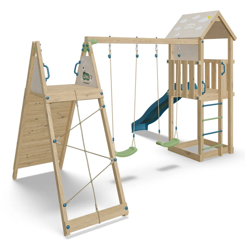 Aire de jeux OLYMPIA 2 bois avec mur d’escalade, 2 balançoires, toboggan et bac à sable 9 enfants