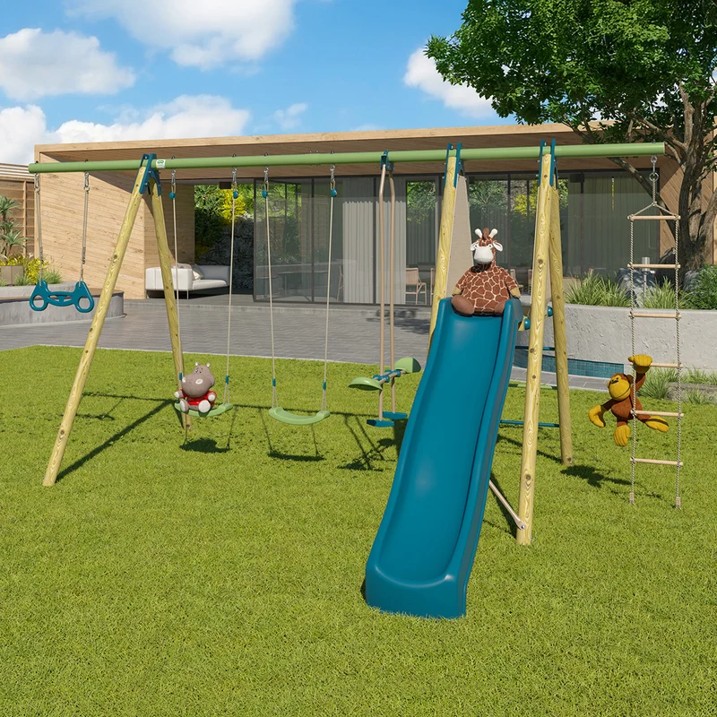 Portique bois métal MAKUTA 2 avec 2 balançoires, face à face, toboggan et plateforme