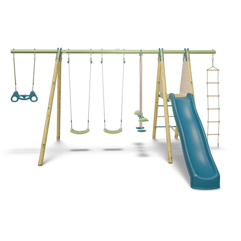Portique bois métal MAKUTA 2 avec 2 balançoires, face à face, toboggan et plateforme