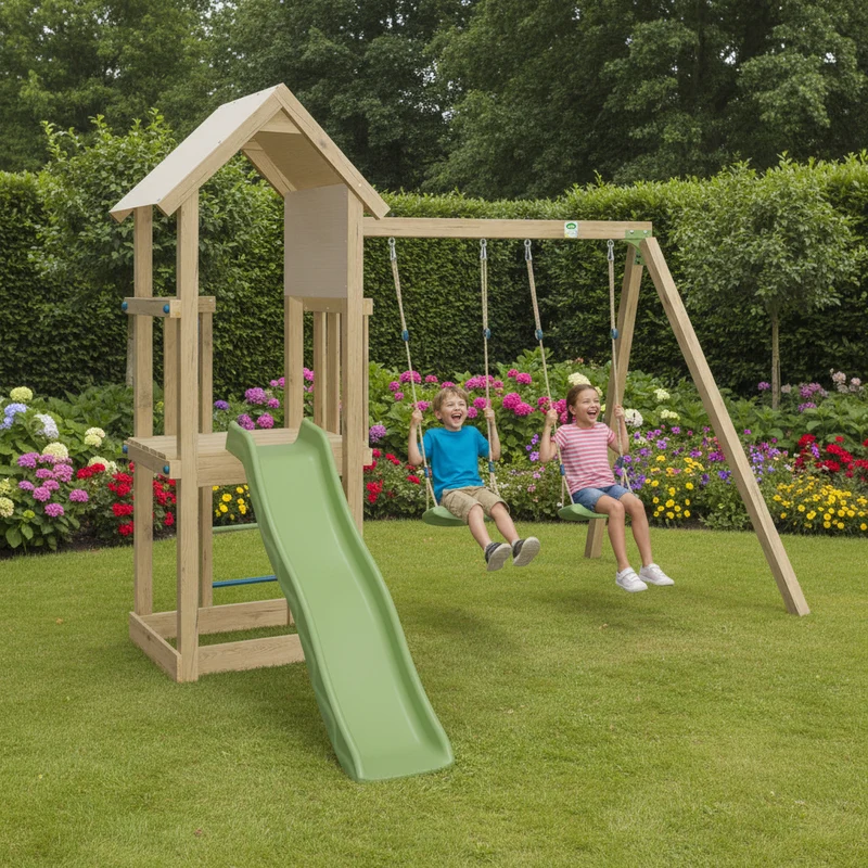 Aire de jeux EASY XPERIENCE 2 bois avec 2 balançoires, toboggan, plateforme et bac à sable 6 enfants