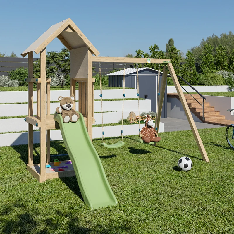 Aire de jeux EASY XPERIENCE 2 bois avec 2 balançoires, toboggan, plateforme et bac à sable 6 enfants