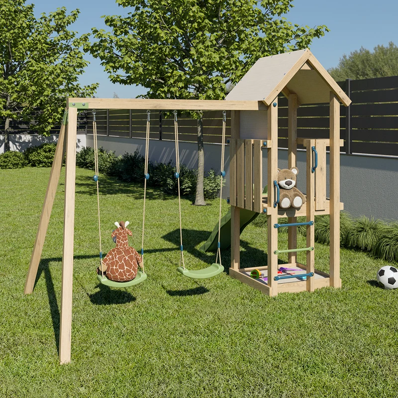 Aire de jeux EASY XPERIENCE 2 bois avec 2 balançoires, toboggan, plateforme et bac à sable 6 enfants