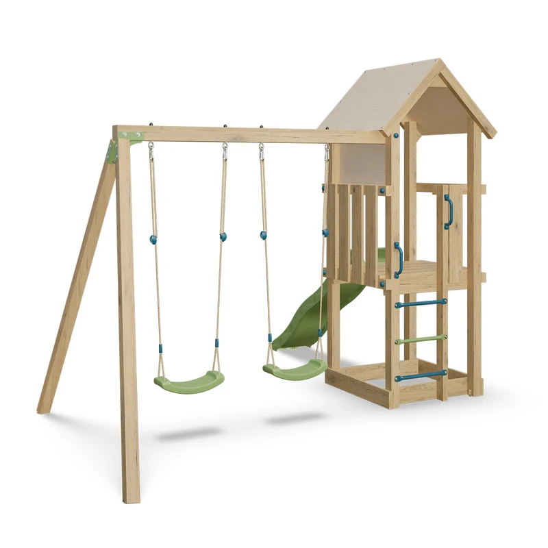 Aire de jeux EASY XPERIENCE 2 bois avec 2 balançoires, toboggan, plateforme et bac à sable 6 enfants