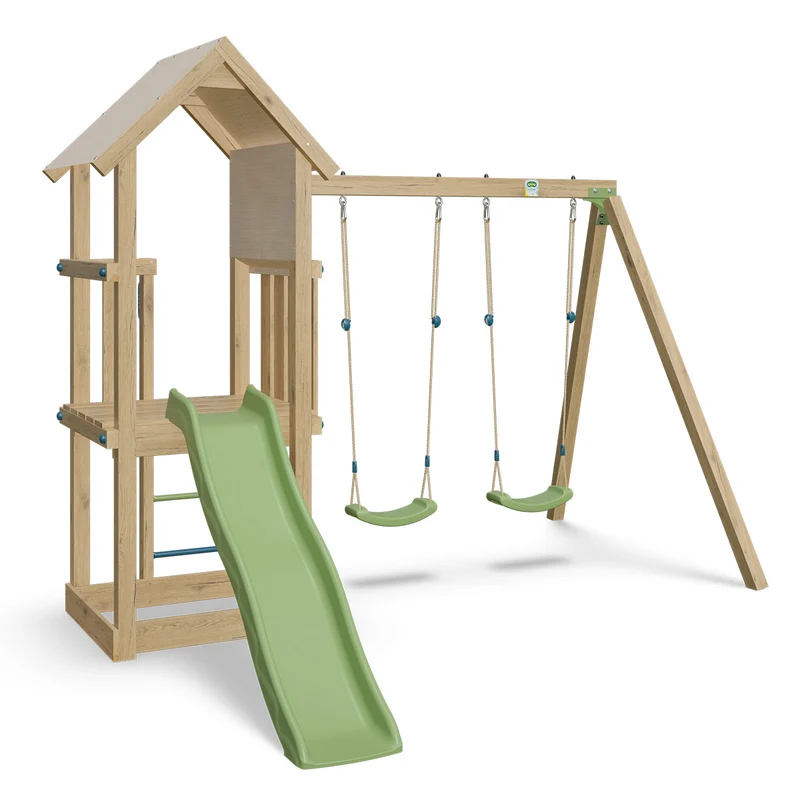 Aire de jeux EASY XPERIENCE 2 bois avec 2 balançoires, toboggan, plateforme et bac à sable 6 enfants