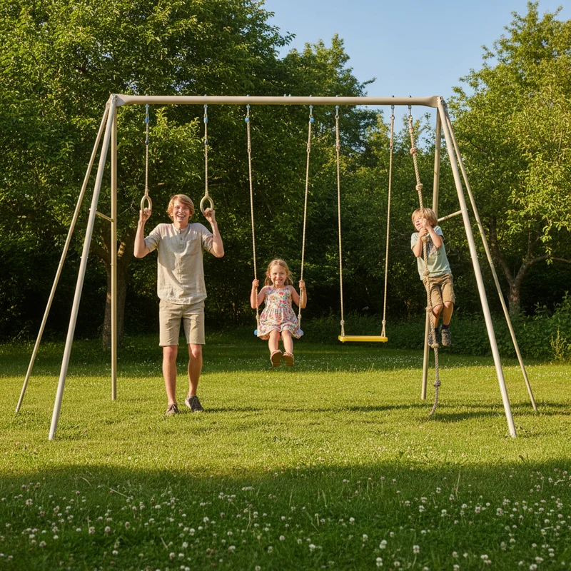 Portique ado adulte BAXTER 2 métal 6 x 3,33 x 3,50 m avec balançoire, anneaux, trapèze et corde à nœuds