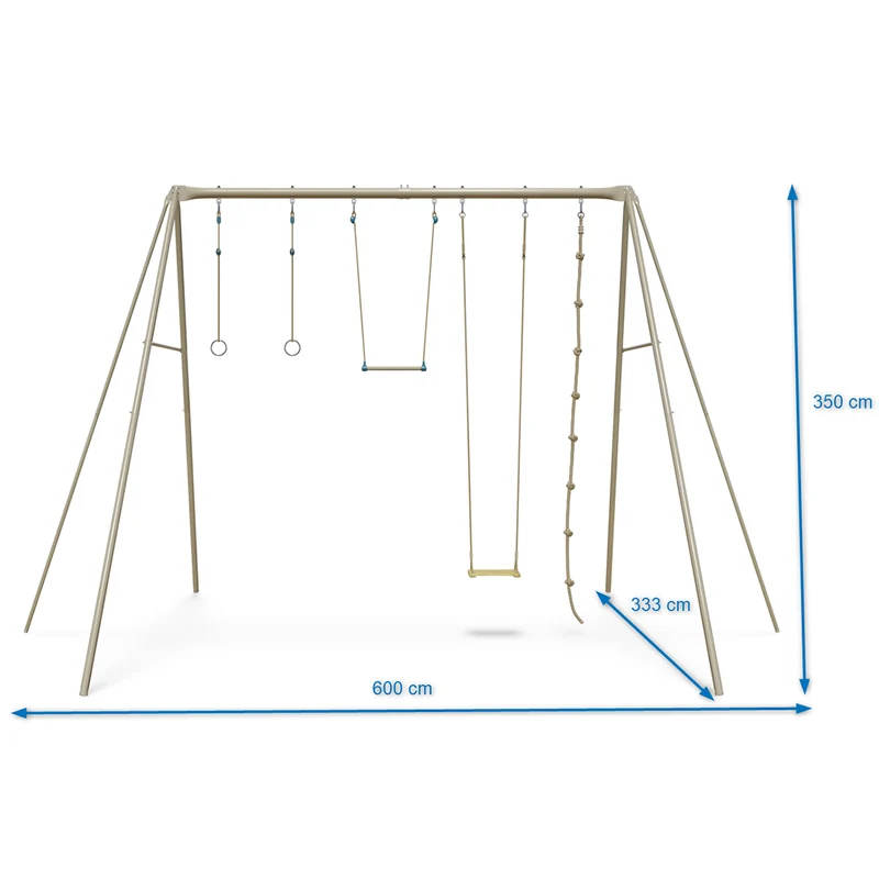 Portique ado adulte BAXTER 2 métal 6 x 3,33 x 3,50 m avec balançoire, anneaux, trapèze et corde à nœuds