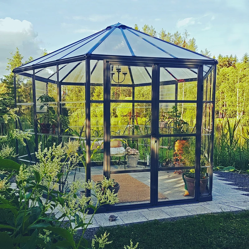Serre Oasis 11,5 m² – aluminium gris, polycarbonate, base acier, double porte & ventilation