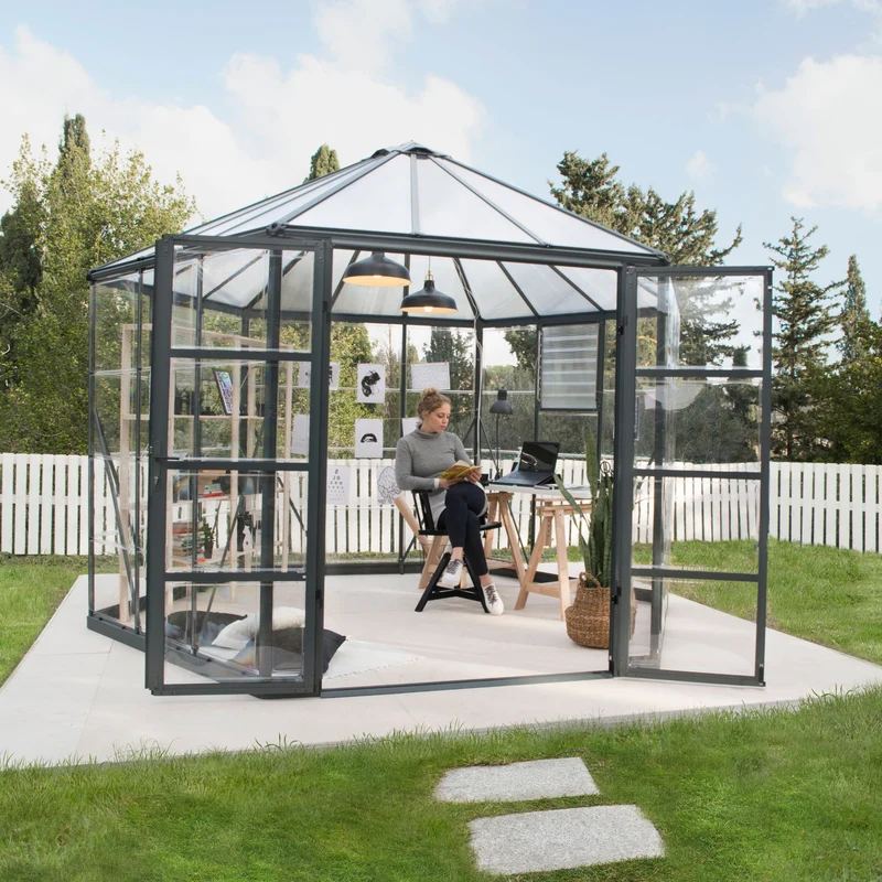 Serre Oasis 11,5 m² – aluminium gris, polycarbonate, base acier, double porte & ventilation
