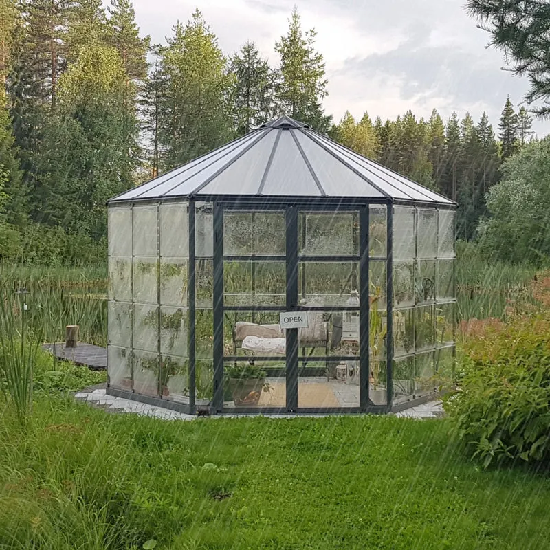 Serre Oasis 11,5 m² – aluminium gris, polycarbonate, base acier, double porte & ventilation