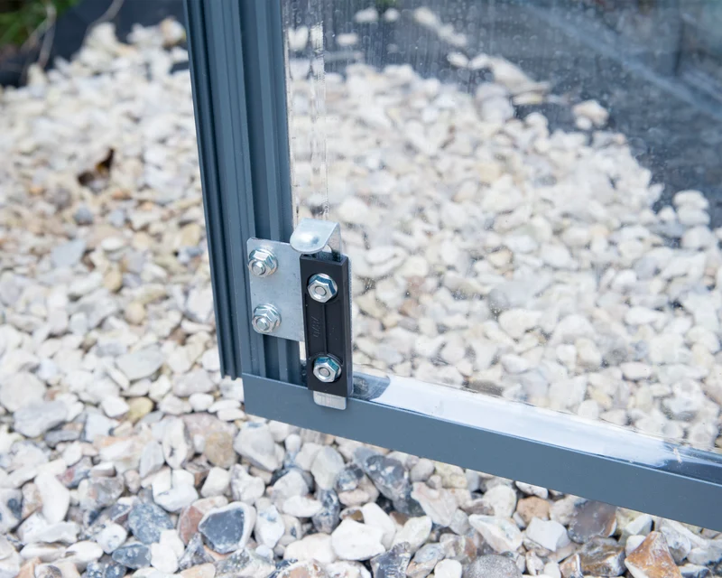 Serre Oasis 11,5 m² – aluminium gris, polycarbonate, base acier, double porte & ventilation