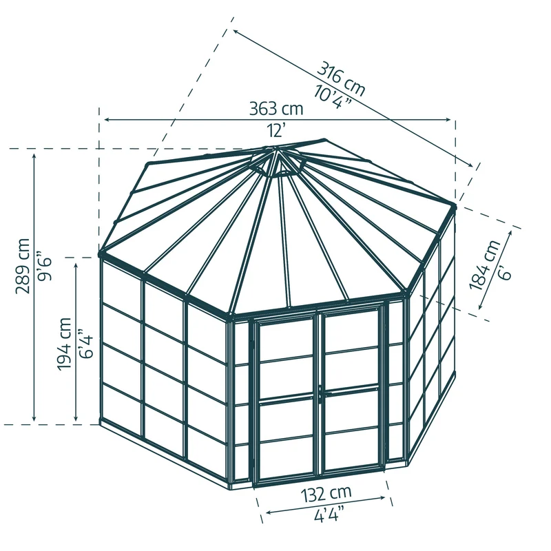 Serre Oasis 11,5 m² – aluminium gris, polycarbonate, base acier, double porte & ventilation