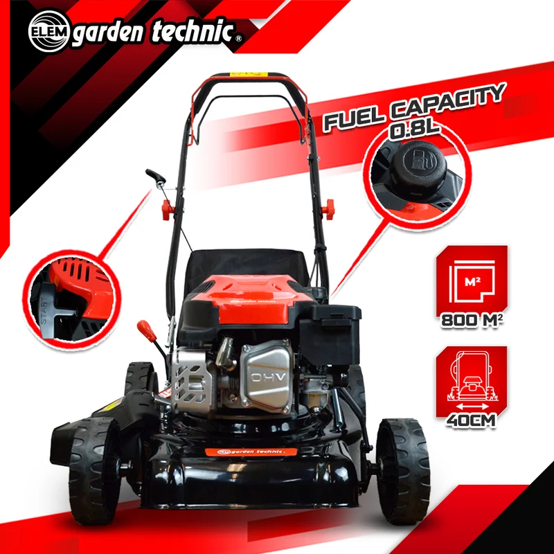 Tondeuse thermique tractée 144 CC – 40 cm, mulching, éjection latérale, 800 m²