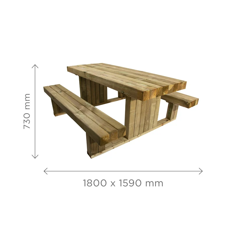Table de pique-nique moderne en bois autoclave – 180 x 159 cm, finition naturelle