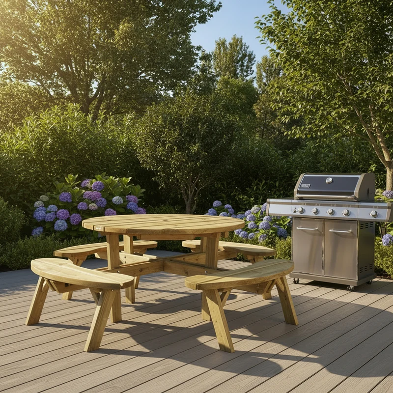 Table de pique-nique ronde en bois autoclave – 220 x 220 cm, finition naturelle