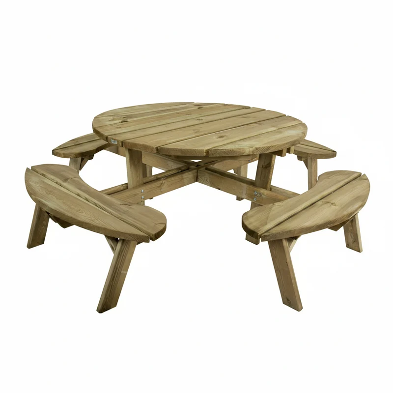Table de pique-nique ronde en bois autoclave – 220 x 220 cm, finition naturelle