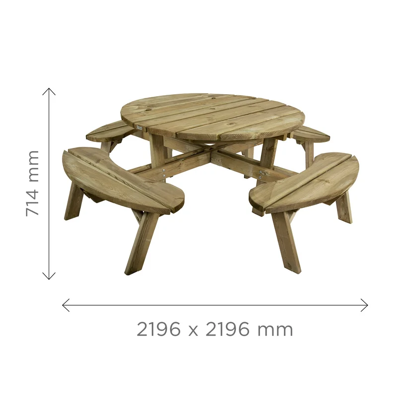 Table de pique-nique ronde en bois autoclave – 220 x 220 cm, finition naturelle