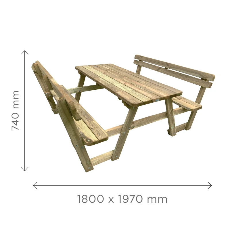 Table de pique-nique avec dossiers en bois autoclave – 180 x 197 cm, finition naturelle