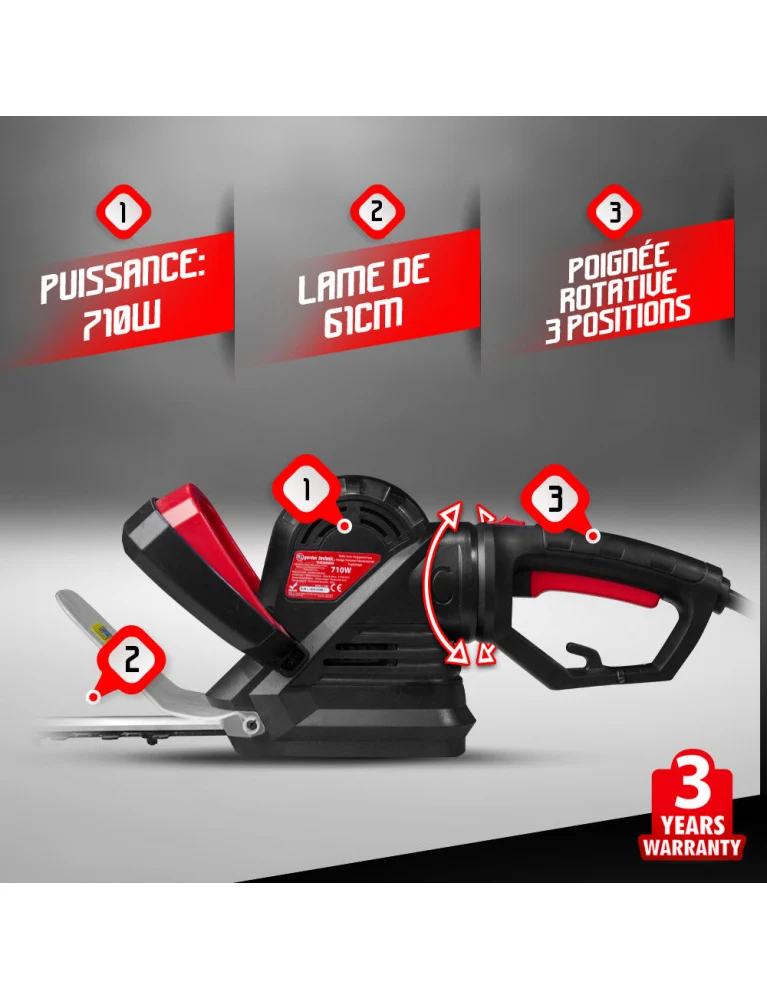 Taille-haie électrique 710W - lame 61cm - poignée arrière rotative