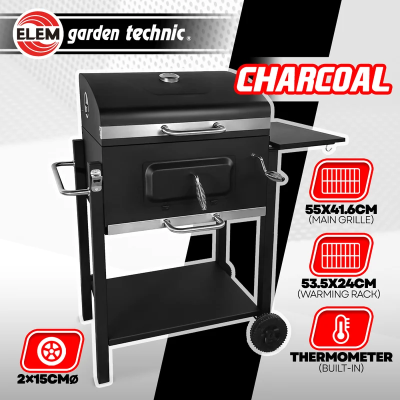 Barbecue à charbon avec couvercle et thermomètre – Grande grille 55 x 41,6 cm, 6 à 10 personnes, mobile