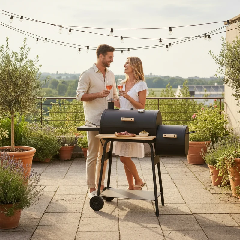 Barbecue fumoir au charbon avec thermomètre – Double cuisson, 54 x 30 cm, 4 à 6 personnes, mobile