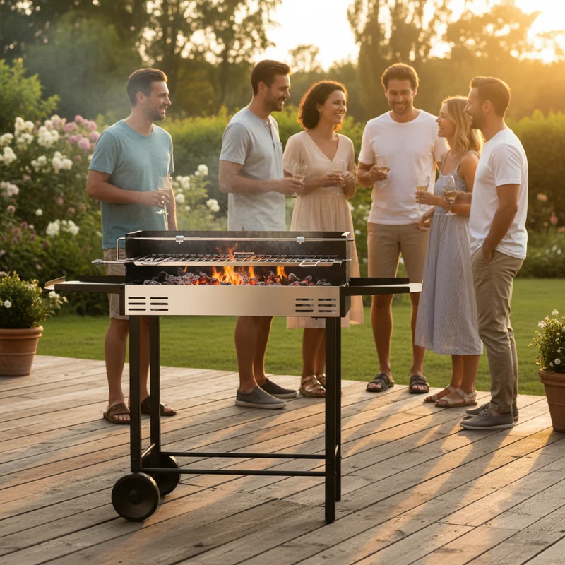 Barbecue au charbon avec broche 68 x 33 cm – Grillades 6 personnes, mobile, structure renforcée