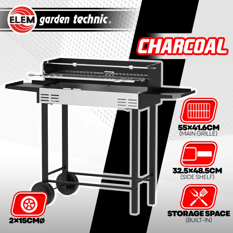 Barbecue au charbon avec broche 68 x 33 cm – Grillades 6 personnes, mobile, structure renforcée