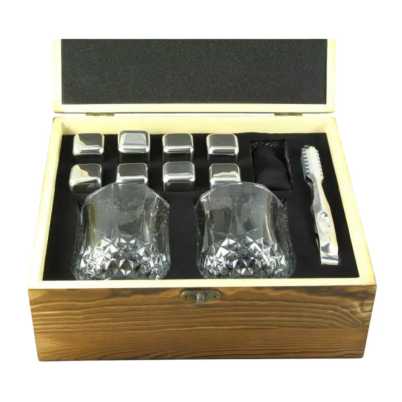 8 pc Stainless Whiskey Cubes Gift Set w/ Glasses & Tongs (2 sets/box)