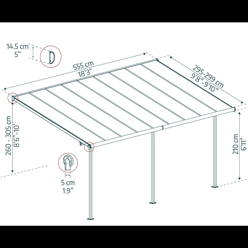Pergola Sierra 299 x 555 cm gris anthracite – Polycarbonate anti-UV, aluminium robuste