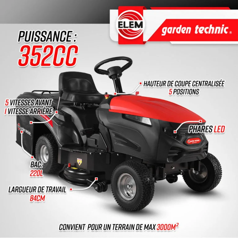Tracteur tondeuse 352 cc – 84 cm, bac 220 L, 5 vitesses, démarrage électrique, LED