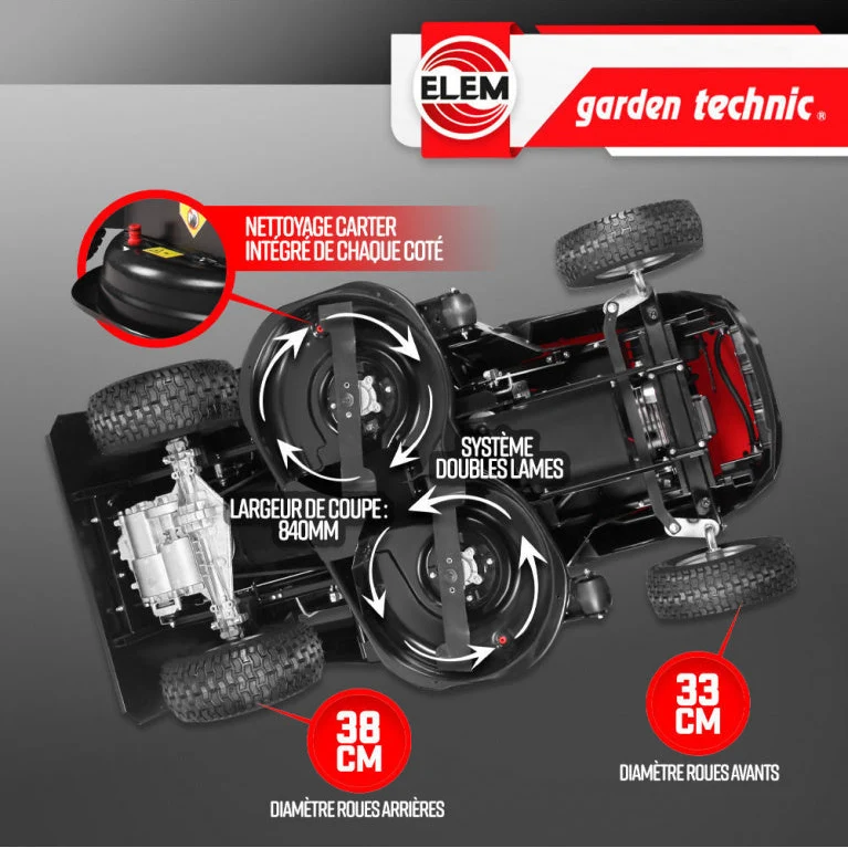 Tracteur tondeuse 352 cc – 84 cm, bac 220 L, 5 vitesses, démarrage électrique, LED