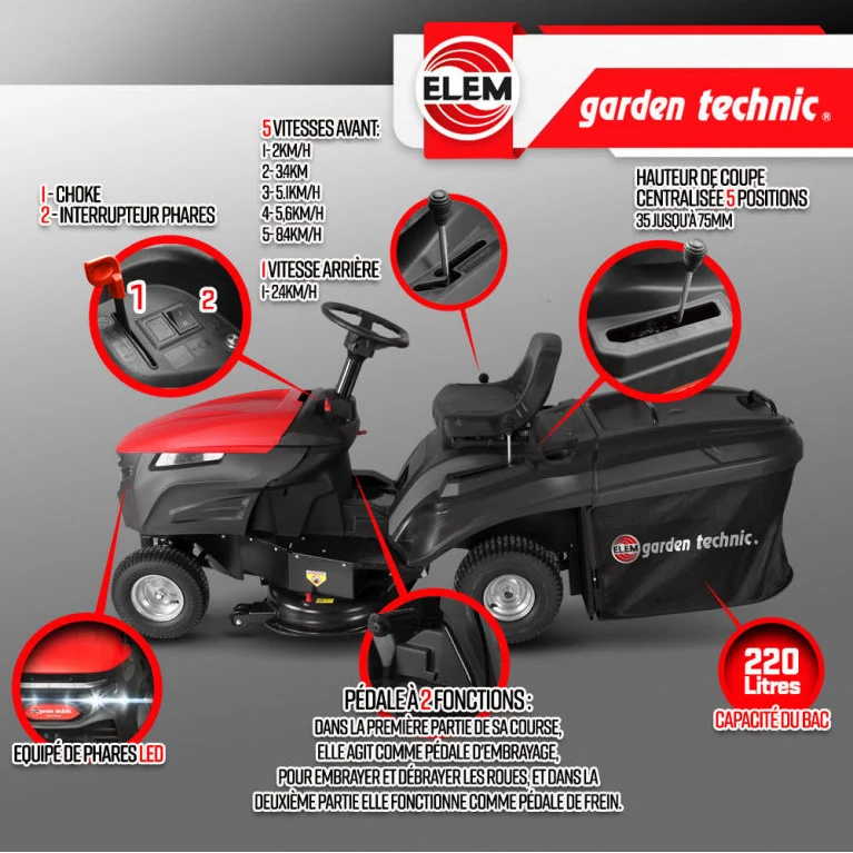 Tracteur tondeuse 352 cc – 84 cm, bac 220 L, 5 vitesses, démarrage électrique, LED