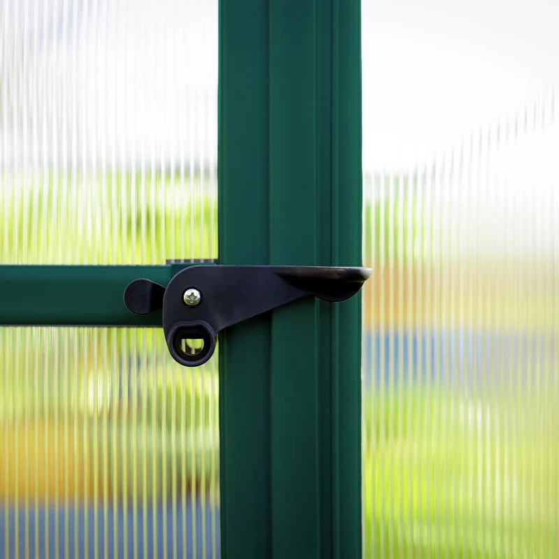 Serre de jardin Mythos verte 5,7 m² – polycarbonate double paroi 4 mm, aluminium, base acier, ventilation, montage facile