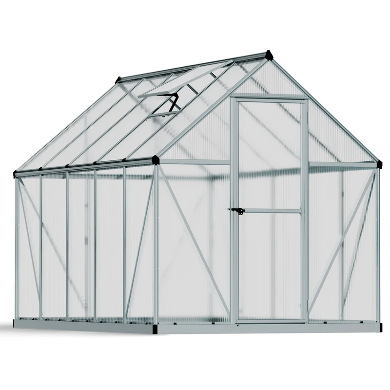 Serre de jardin Mythos argent 5,7 m² – polycarbonate double paroi, aluminium, base acier, ventilation, montage facile