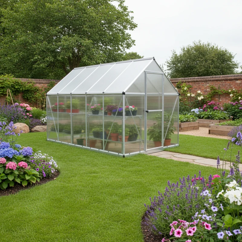Serre de jardin Mythos argent 5,7 m² – polycarbonate double paroi, aluminium, base acier, ventilation, montage facile