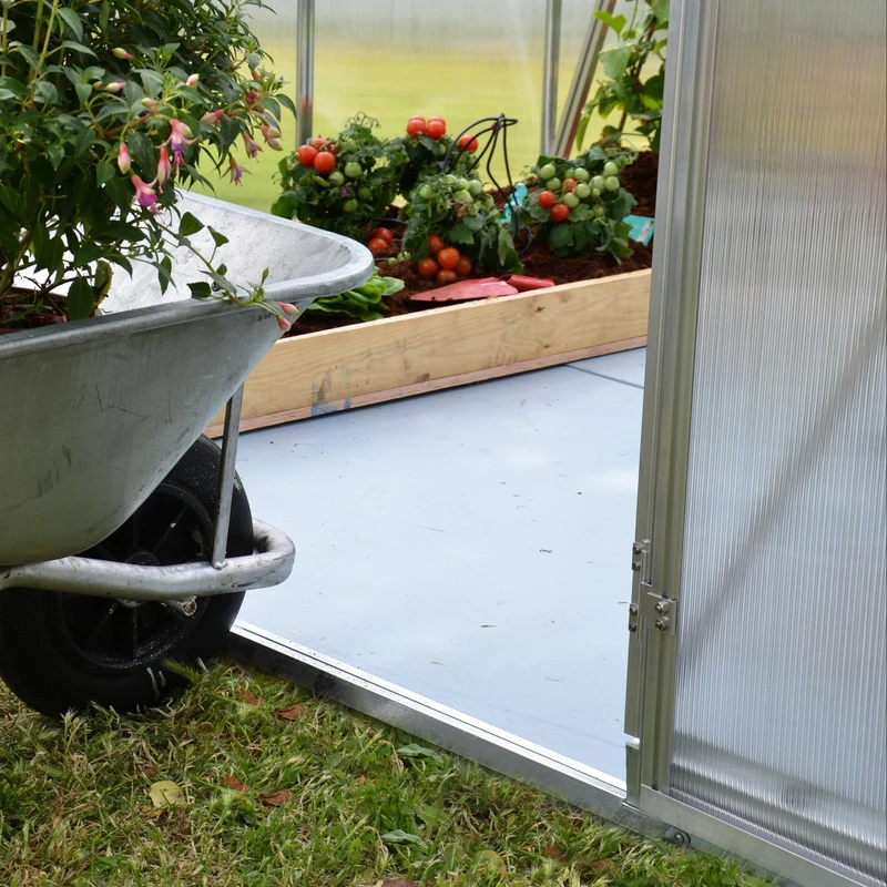 Serre de jardin Mythos argent 5,7 m² – polycarbonate double paroi, aluminium, base acier, ventilation, montage facile